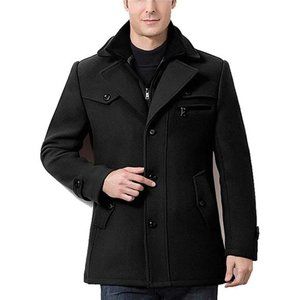Hot Men's Wool Blend Jacket Stand Collar Windproof Pea Coat, Black